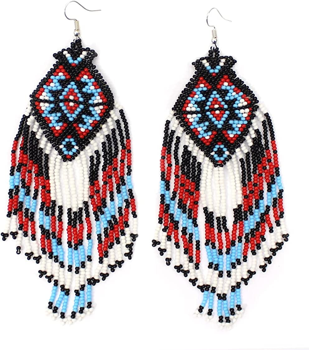 Southwestern Geometric Pattern Glass Seed Beaded Earrings Handmade Black Cyan