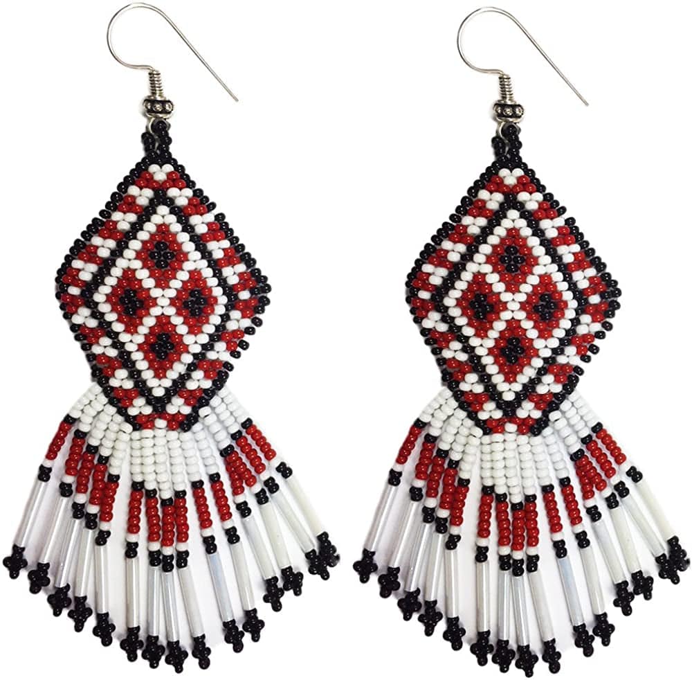 Southwestern Geometric Pattern Glass Seed Beaded Earrings Handmade Black Maroon