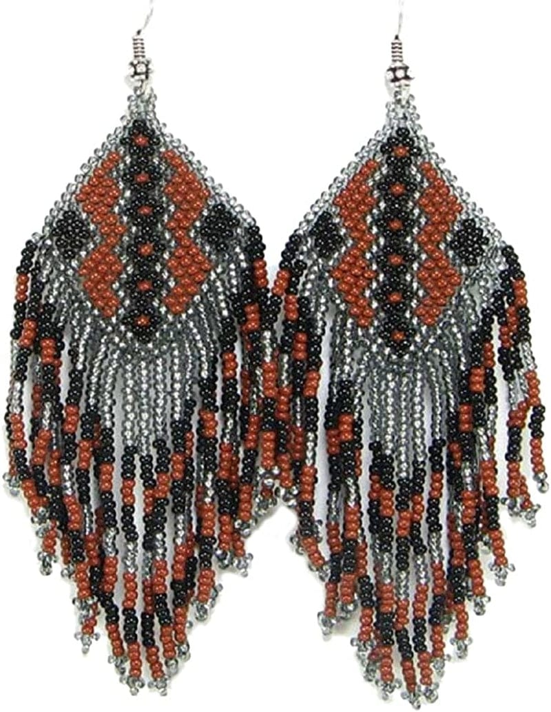 Southwestern Geometric Pattern Glass Seed Beaded Earrings Handmade Gray Brown