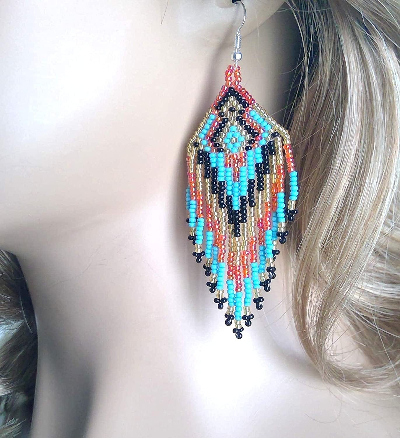 Southwestern Geometric Pattern Glass Seed Beaded Earrings Handmade