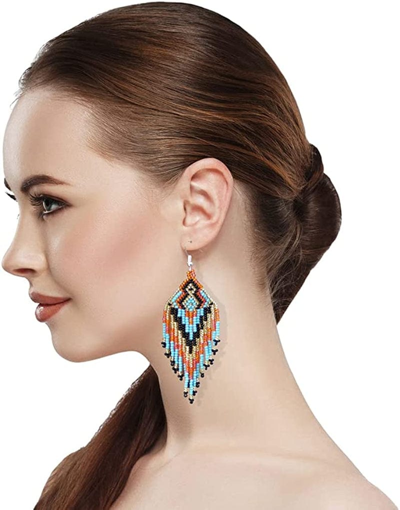 Southwestern Geometric Pattern Glass Seed Beaded Earrings Handmade