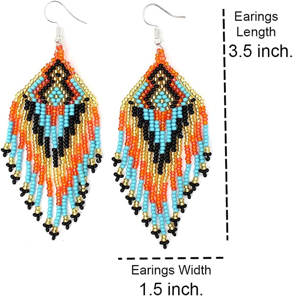 Southwestern Geometric Pattern Glass Seed Beaded Earrings Handmade