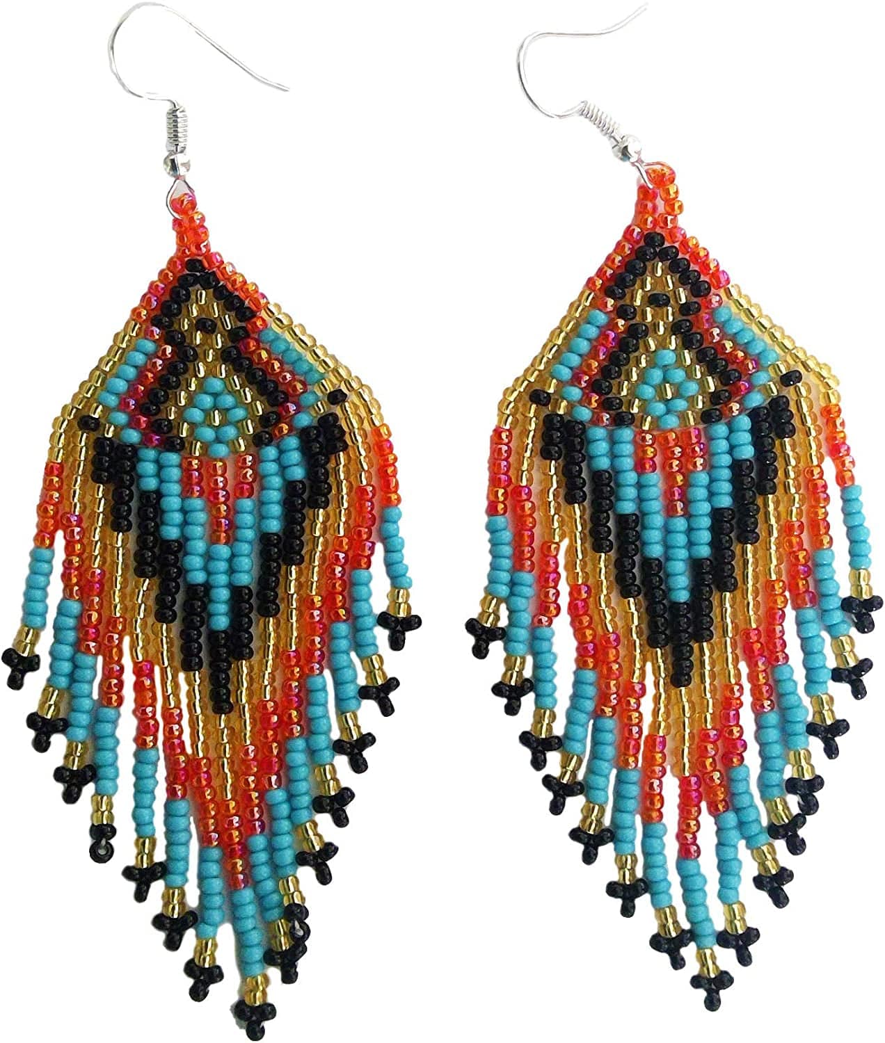 Southwestern Geometric Pattern Glass Seed Beaded Earrings Handmade Tribal Multicolor
