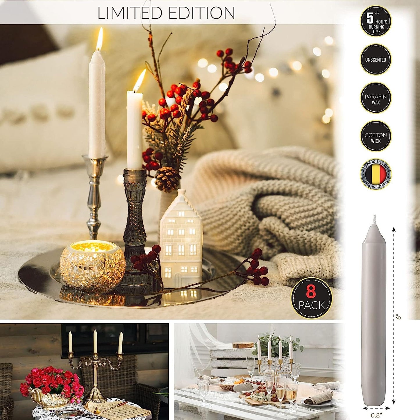 SPAAS Straight Beige Candle Sticks - Pack of 8 6" Long Candles | 5 Hour Long Burning Unscented Candles for Emergency Candles, Chime Candles, Table Candles for Wedding, and Home Decoration