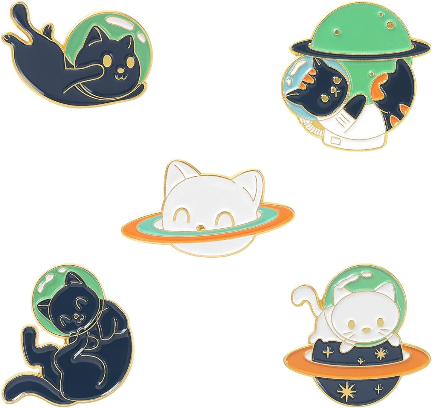Space Cat Enamel Pins Set,Cute Animal Astronaut Lapel Pins for Women Girl Cartoon Planet Brooch Pin for Jackets Backpack Accessory Black