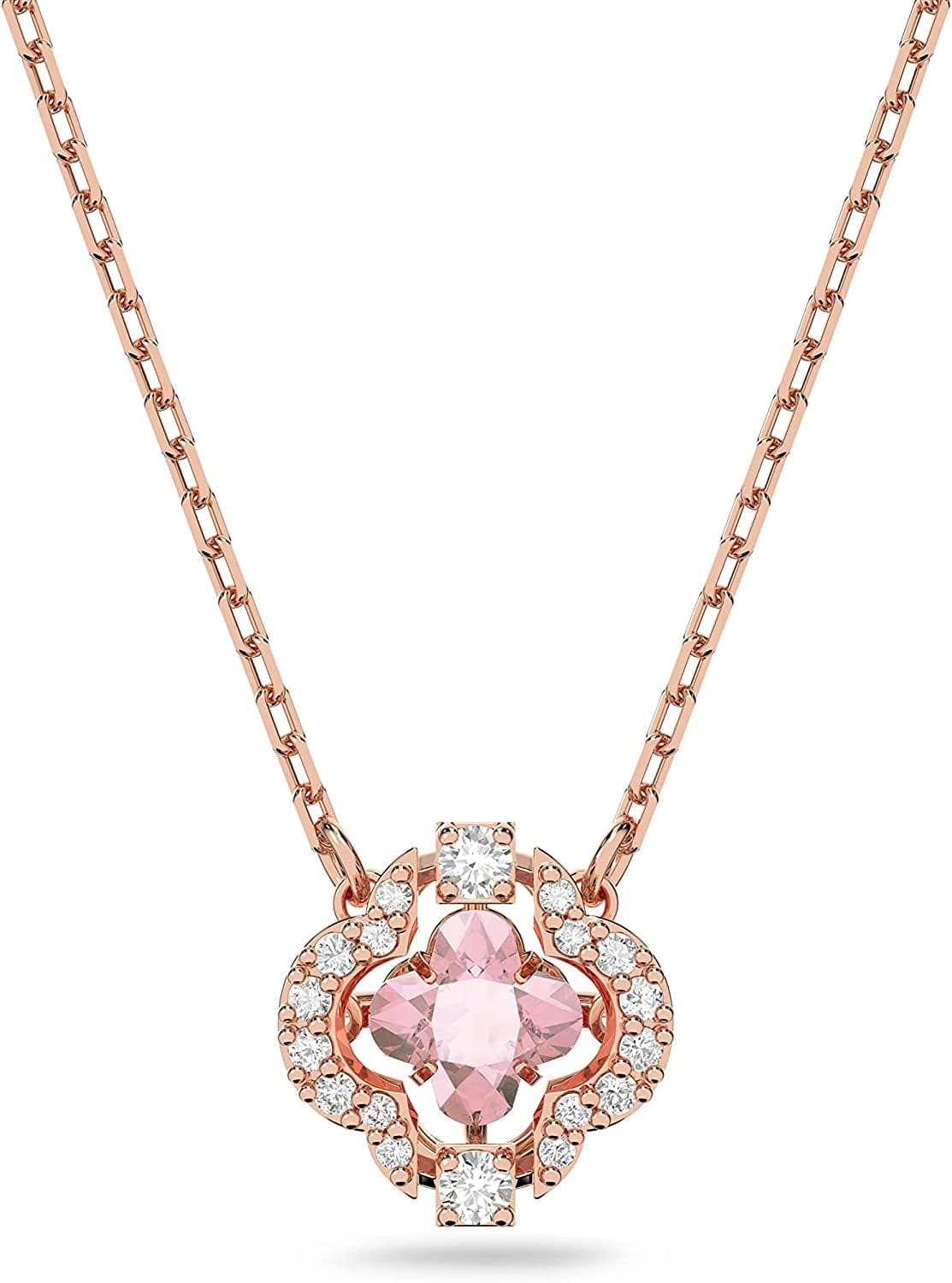 Sparkling Dance Clover Jewelry Collection, Rose Gold Tone Finish, Pink Crystals, Clear Crystals Necklace