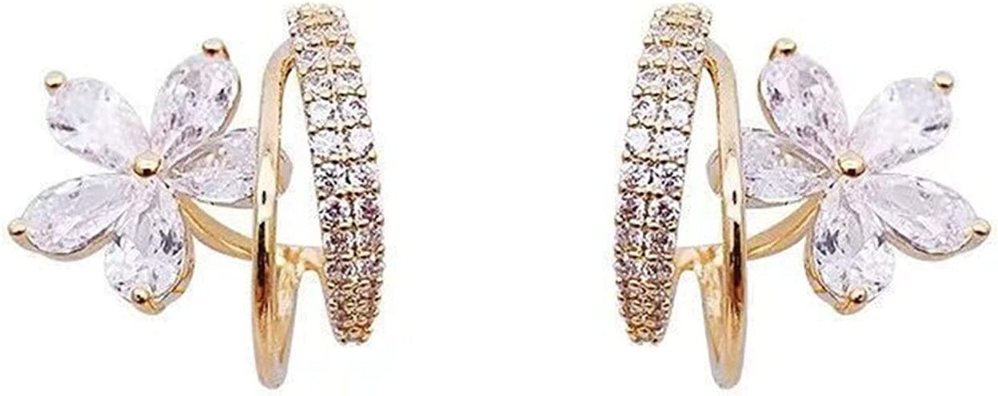 Sparkly Earrings for Women Dangle Korean Trendy Earrings Micro Encrusted with Diamonds Small C Ring Zircon Five Petal Flower Design Exquisite Earrings Silver Needles Little Earrings B / One Size