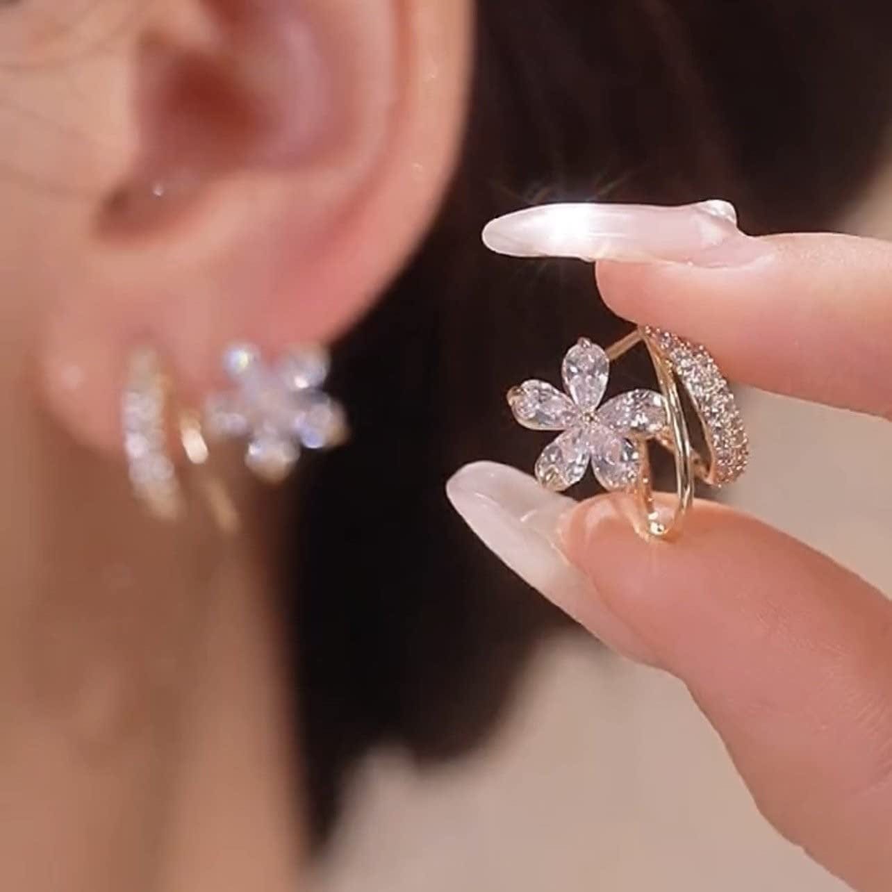 Sparkly Earrings for Women Dangle Korean Trendy Earrings Micro Encrusted with Diamonds Small C Ring Zircon Five Petal Flower Design Exquisite Earrings Silver Needles Little Earrings
