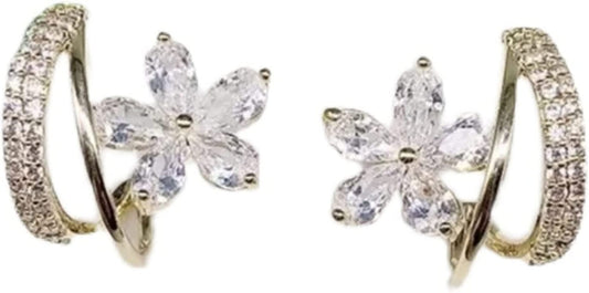 Sparkly Earrings for Women Dangle Korean Trendy Earrings Micro Encrusted with Diamonds Small C Ring Zircon Five Petal Flower Design Exquisite Earrings Silver Needles Little Earrings A / One Size