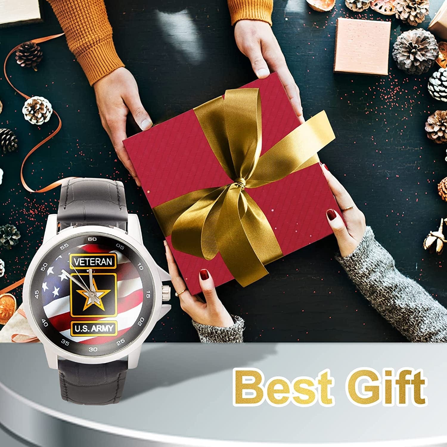 Special Design Military US Army Veteran and American Flag Custom Unisex Stainless Steel Leather Strap Watch Metal Case, Tempered Glass, Black Leather Band