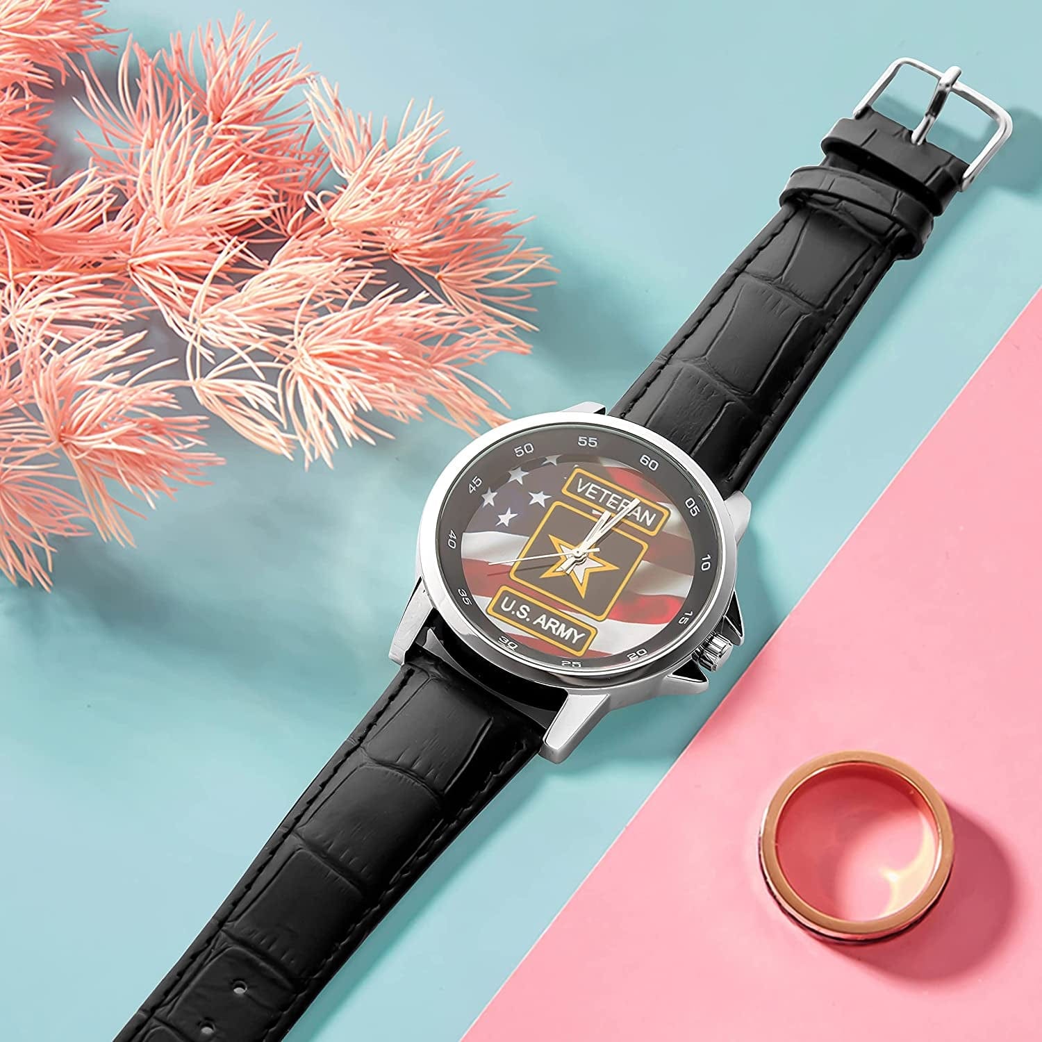 Special Design Military US Army Veteran and American Flag Custom Unisex Stainless Steel Leather Strap Watch Metal Case, Tempered Glass, Black Leather Band