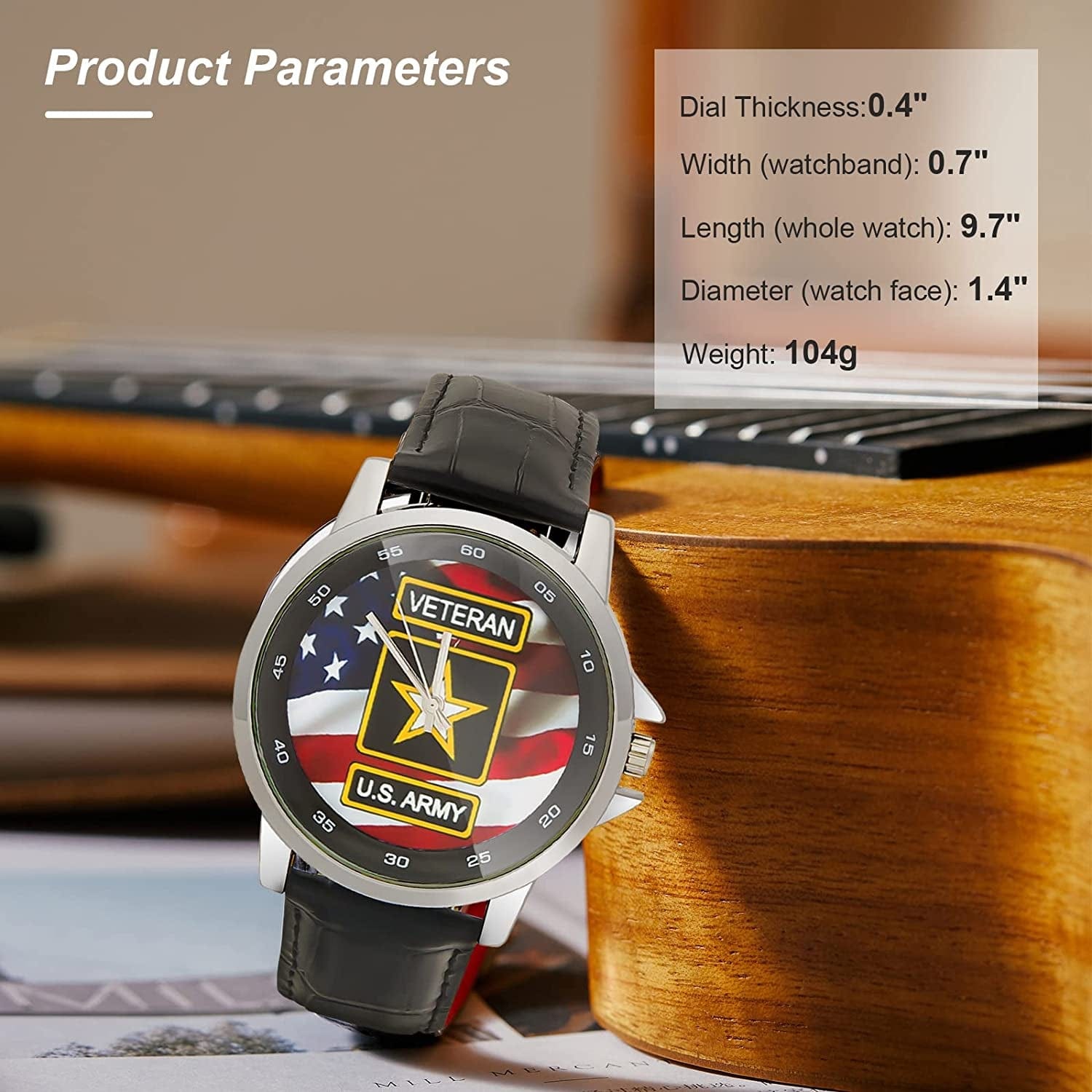 Special Design Military US Army Veteran and American Flag Custom Unisex Stainless Steel Leather Strap Watch Metal Case, Tempered Glass, Black Leather Band