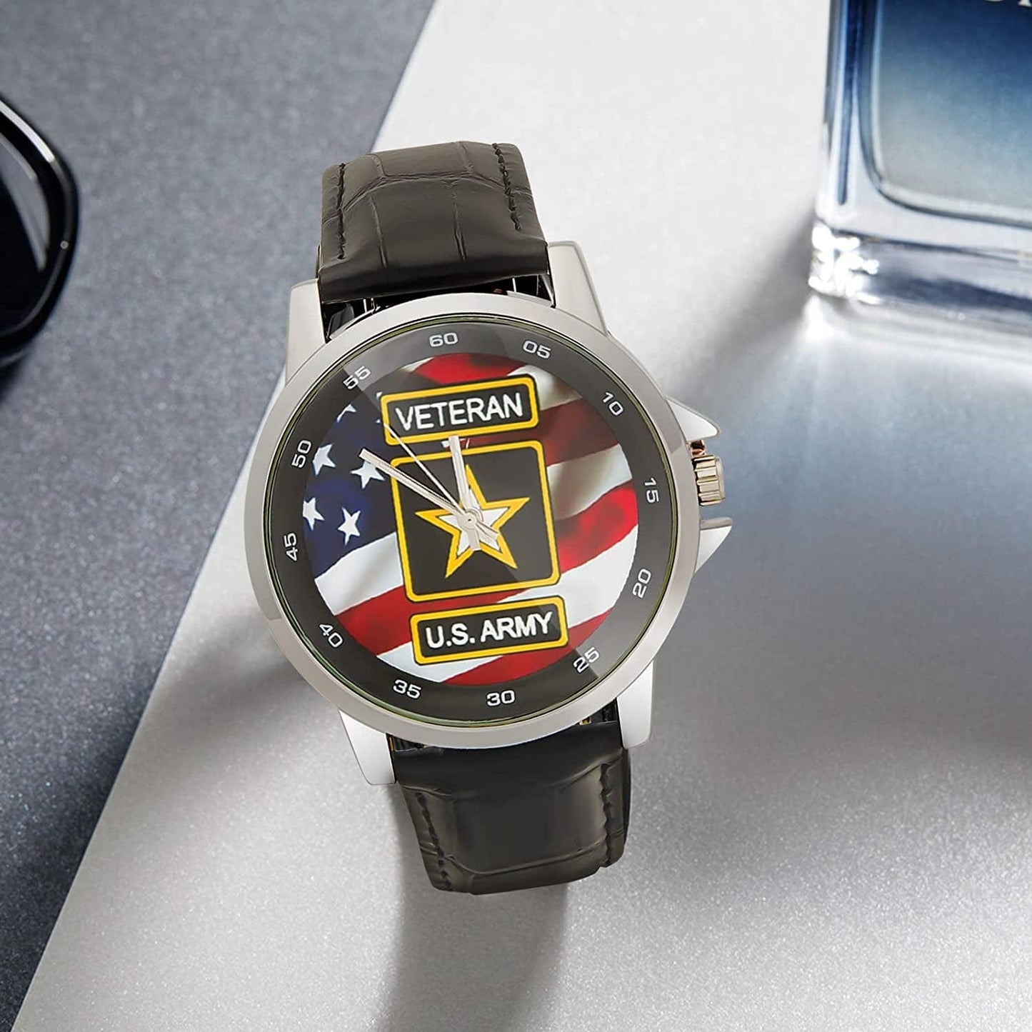 Special Design Military US Army Veteran and American Flag Custom Unisex Stainless Steel Leather Strap Watch Metal Case, Tempered Glass, Black Leather Band