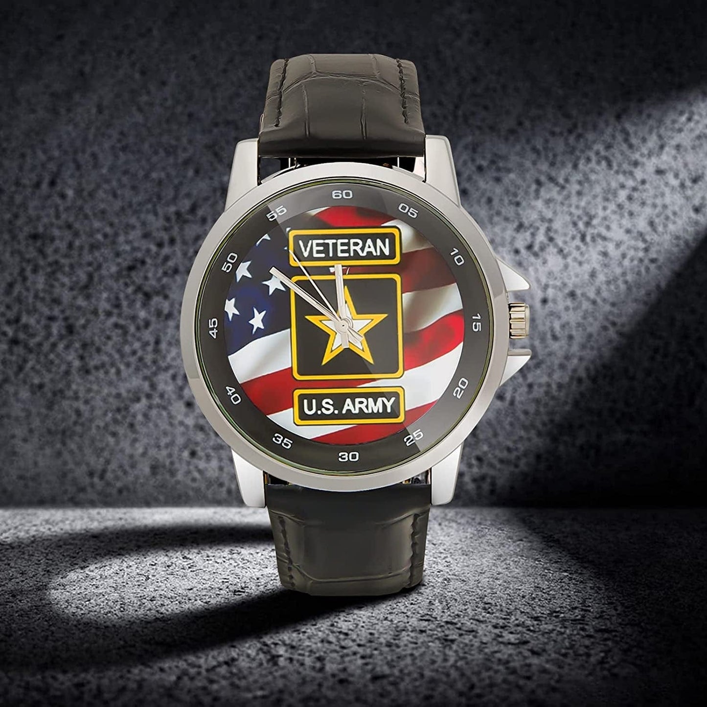 Special Design Military US Army Veteran and American Flag Custom Unisex Stainless Steel Leather Strap Watch Metal Case, Tempered Glass, Black Leather Band