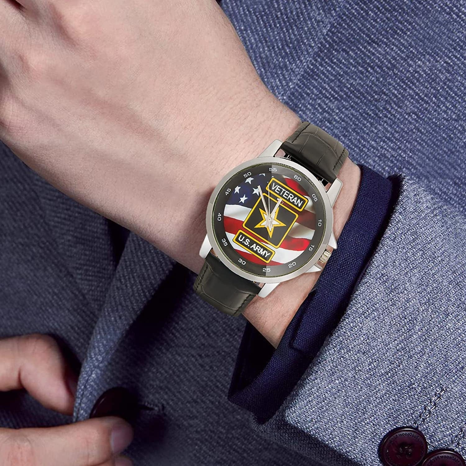 Special Design Military US Army Veteran and American Flag Custom Unisex Stainless Steel Leather Strap Watch Metal Case, Tempered Glass, Black Leather Band