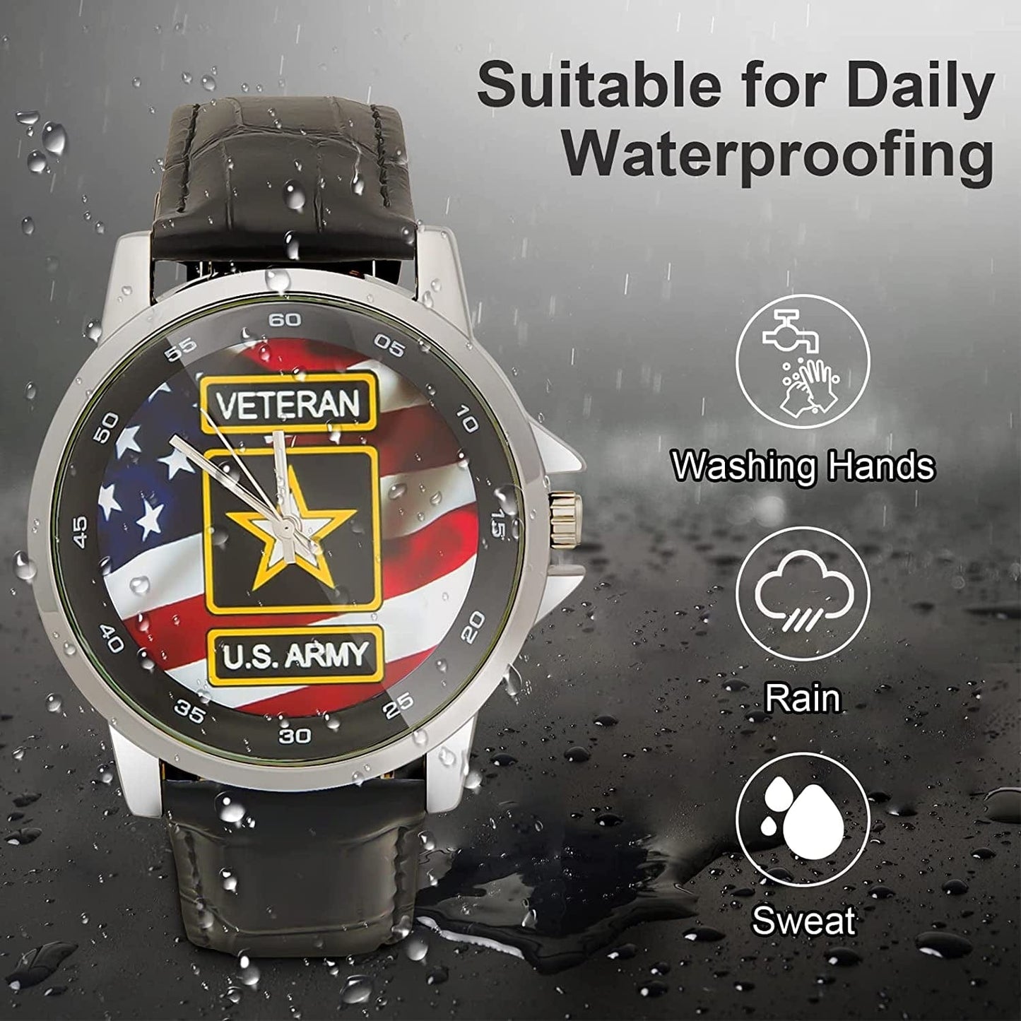 Special Design Military US Army Veteran and American Flag Custom Unisex Stainless Steel Leather Strap Watch Metal Case, Tempered Glass, Black Leather Band