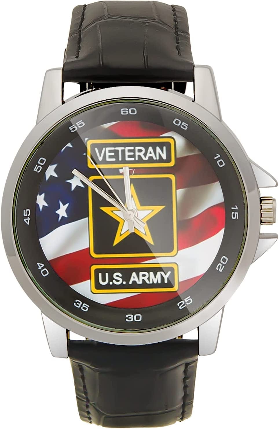 Special Design Military US Army Veteran and American Flag Custom Unisex Stainless Steel Leather Strap Watch Metal Case, Tempered Glass, Black Leather Band