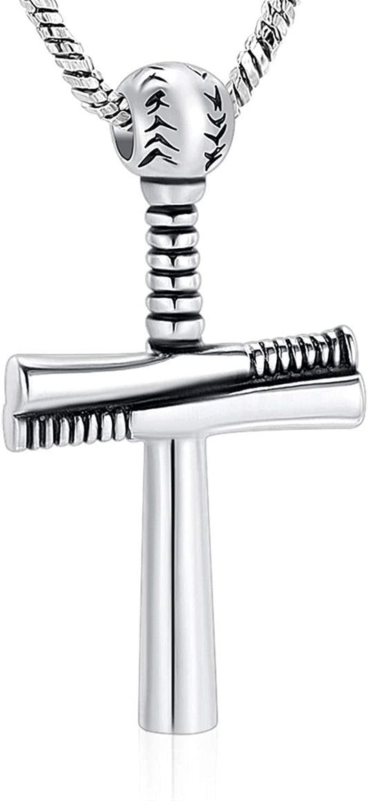 Sport Cross Cremation Jewelry Stainless Steel Baseball Bat Cross Unisex Pendant Memorial Urn Necklace for Men/Women,Urn Locket Ashes Holder Cremation Keepsake Silver