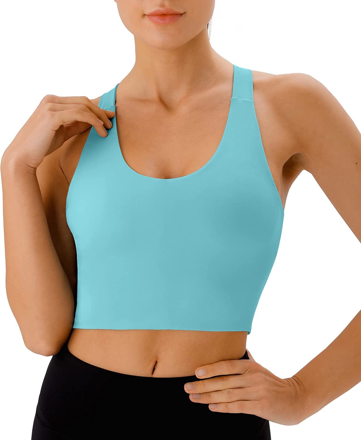 Sports Bras for Women Criss-Cross Back Padded Workout Tank Tops Medium Support Crop Tops for Women Cyan / Large