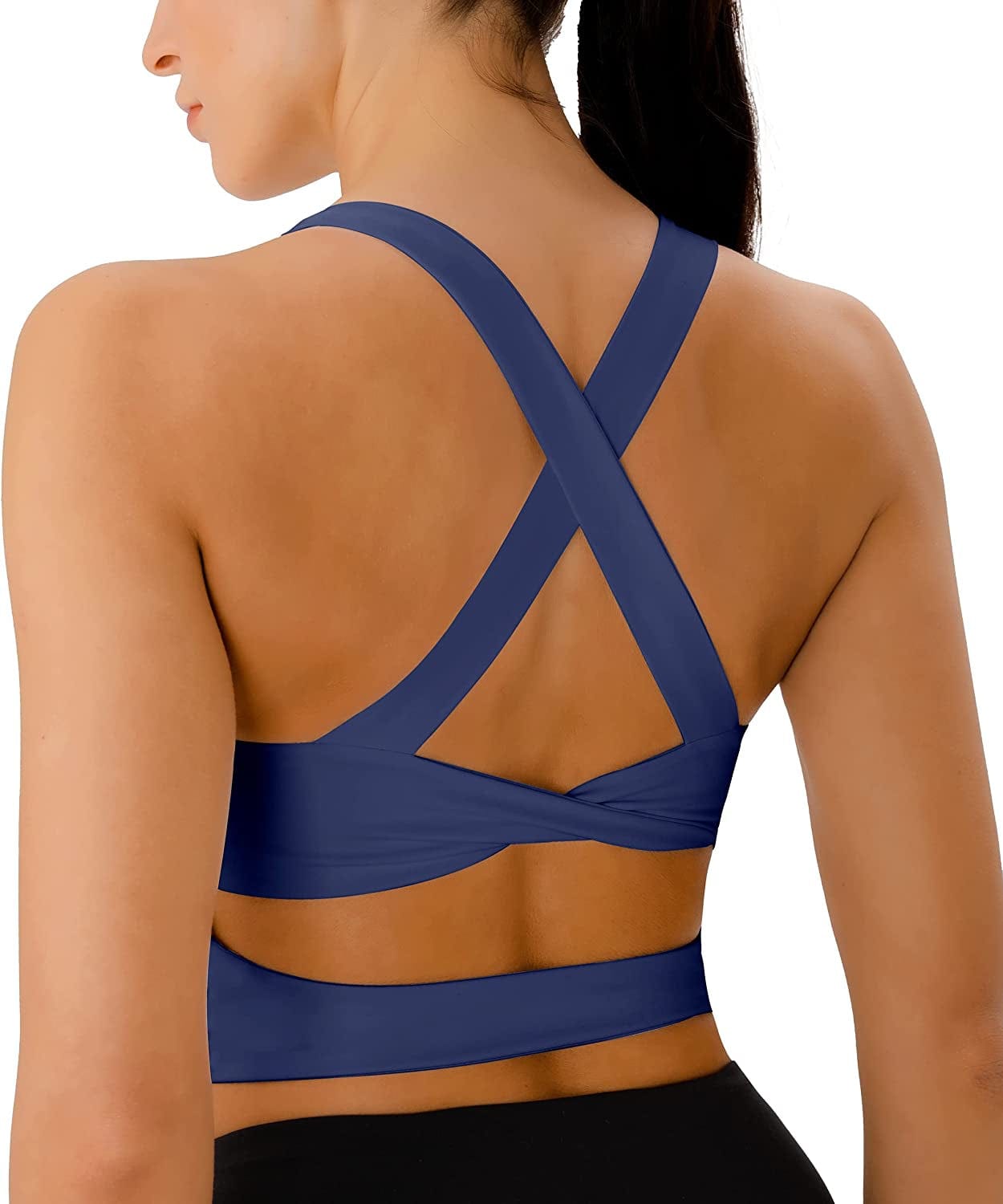 Sports Bras for Women Criss-Cross Back Padded Workout Tank Tops Medium Support Crop Tops for Women Navy Blue / Large