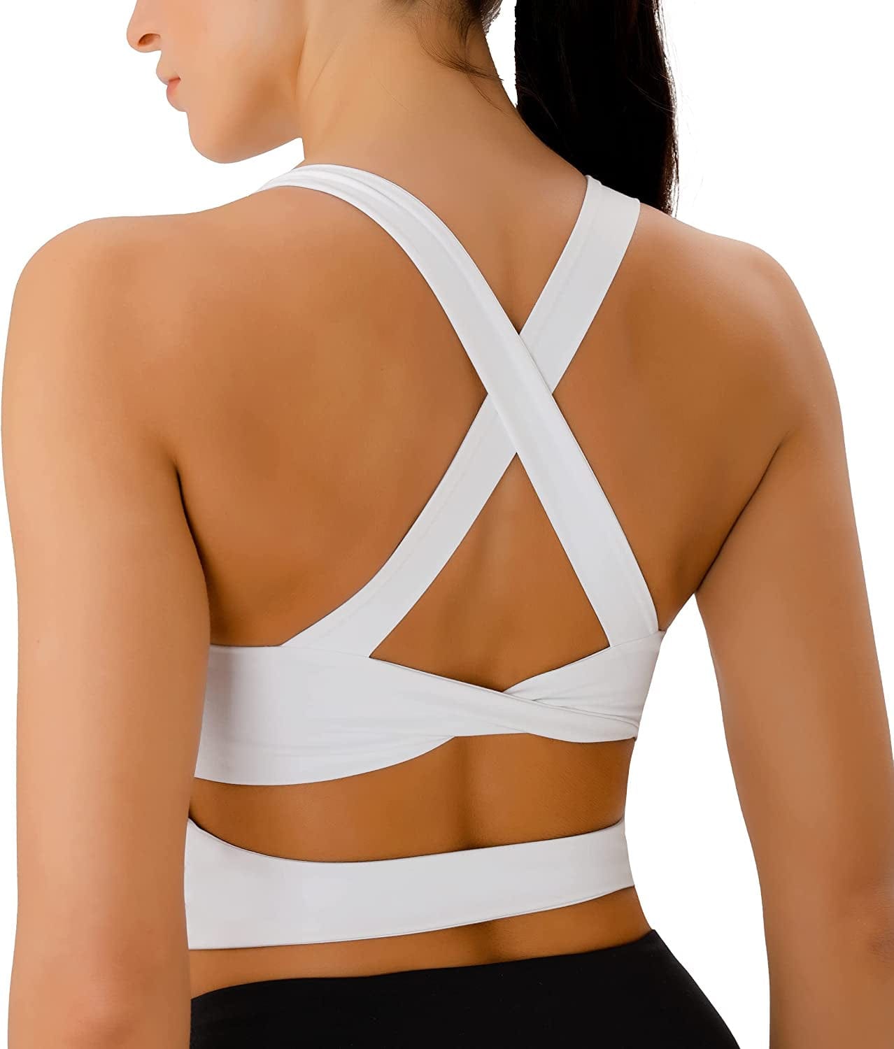 Sports Bras for Women Criss-Cross Back Padded Workout Tank Tops Medium Support Crop Tops for Women White / Large