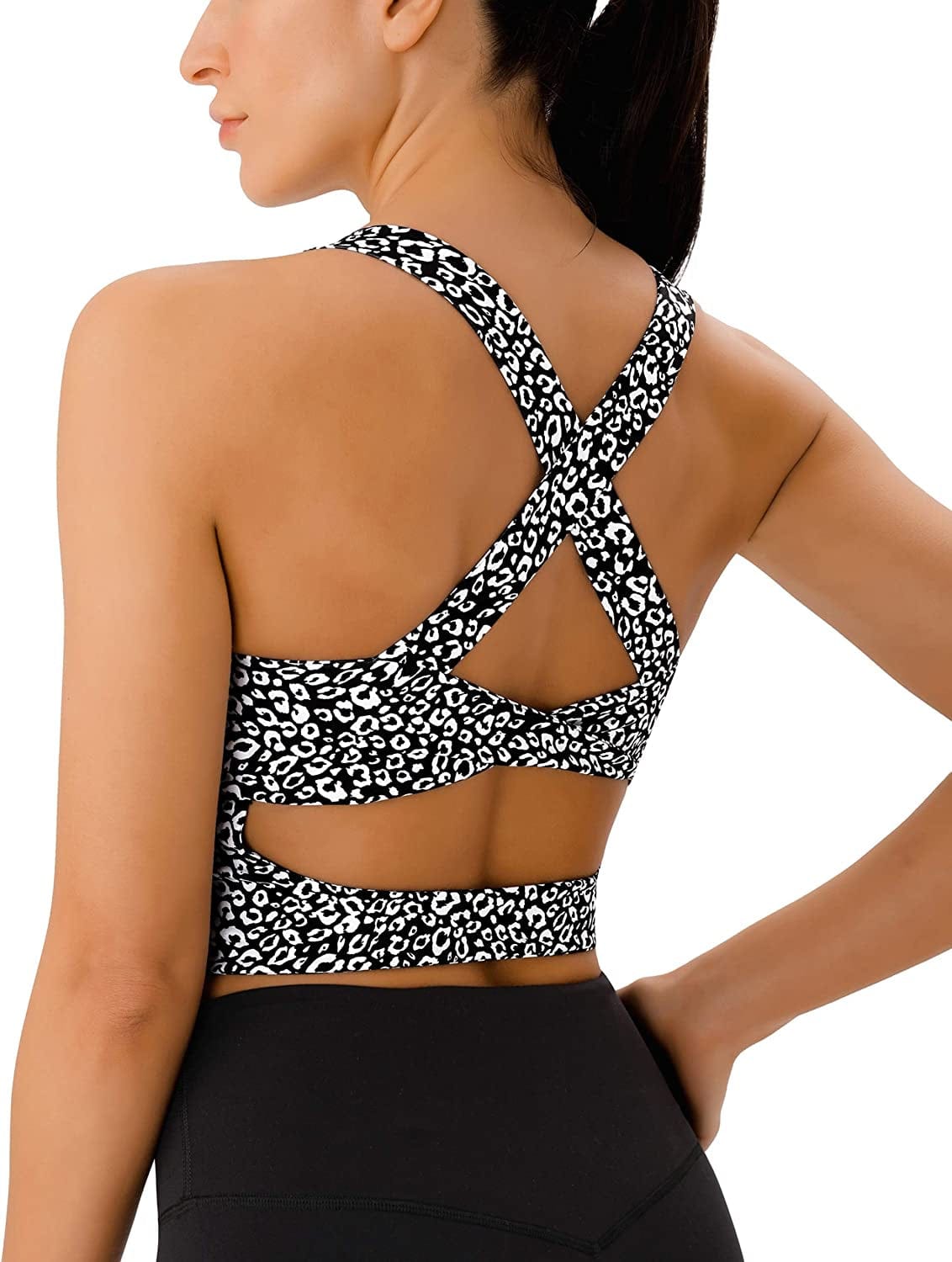 Sports Bras for Women Criss-Cross Back Padded Workout Tank Tops Medium Support Crop Tops for Women White Leopard / Large