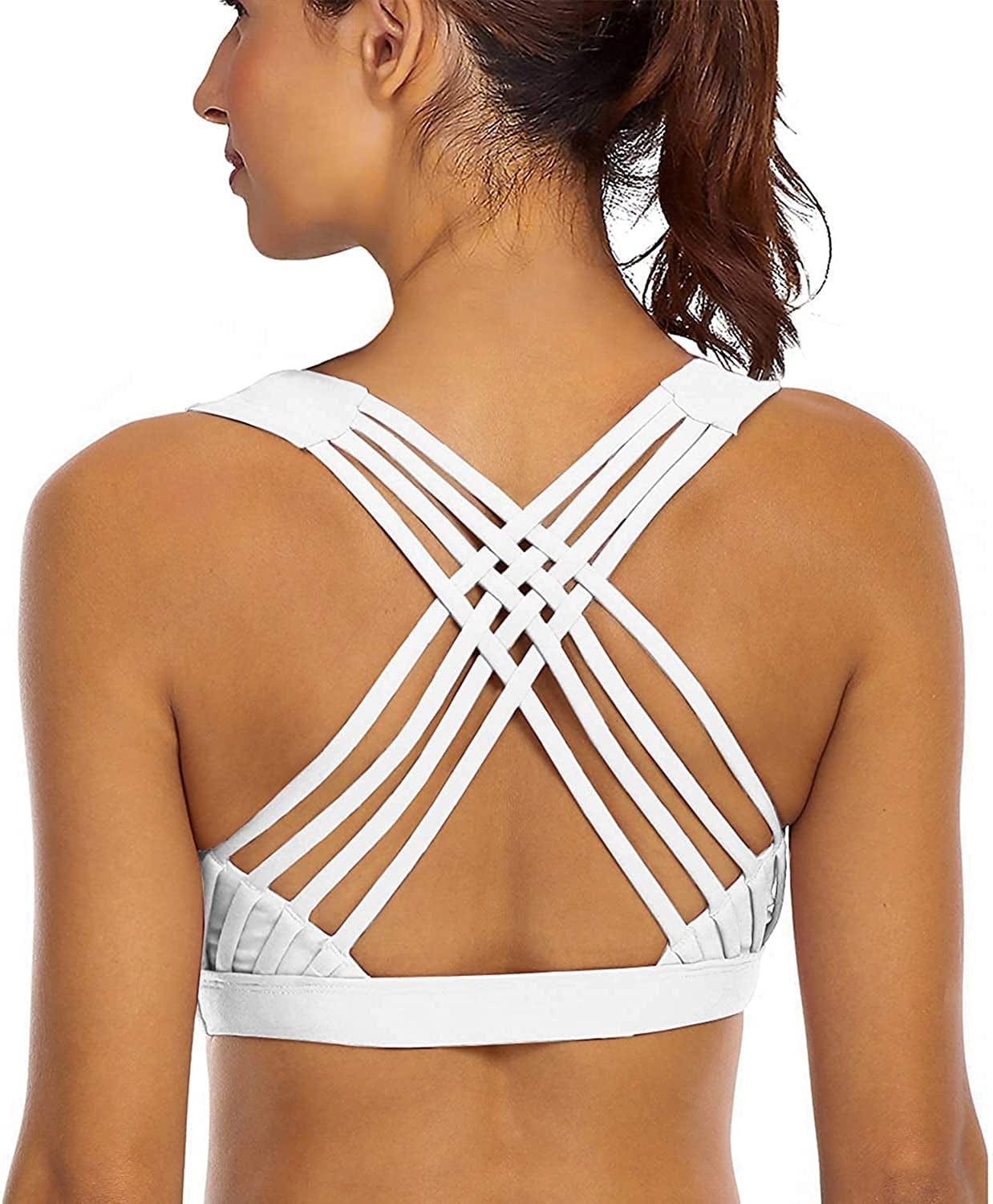 Sports Bras for Women Cross Back Padded Sports Bra Medium Support Workout Running Yoga Bra White Strappy / Medium