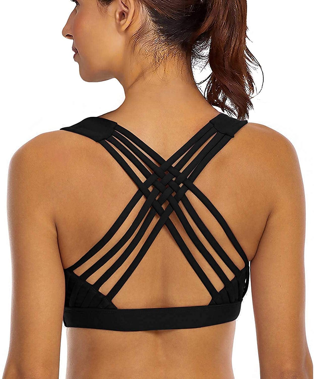 Sports Bras for Women Cross Back Padded Sports Bra Medium Support Workout Running Yoga Bra Black Strappy / Medium