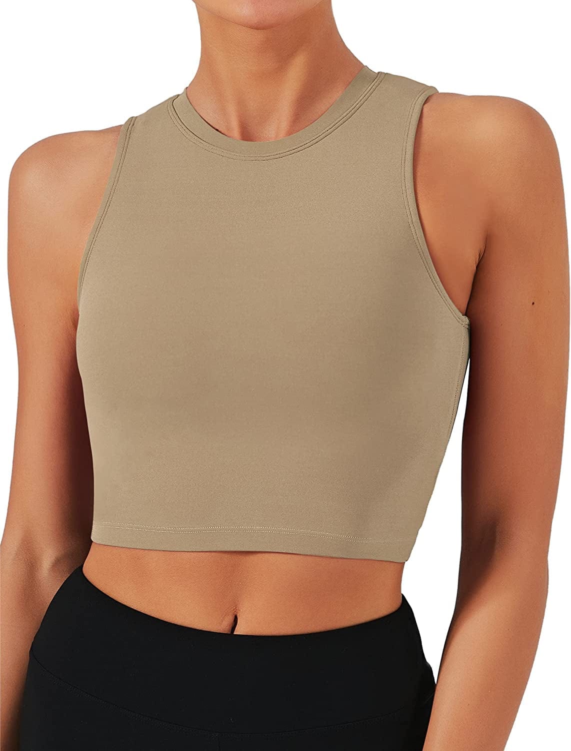 Sports Bras for Women Removable Padded Yoga Tank Tops Sleeveless Fitness Workout Running Crop Tops Khaki / X-Large