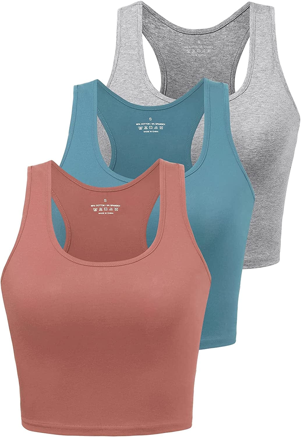 Sports Crop Tank Tops for Women Cropped Workout Tops Racerback Running Yoga Tanks Cotton Sleeveless Gym Shirts 3 Pack Blue/Grey/Red / Small