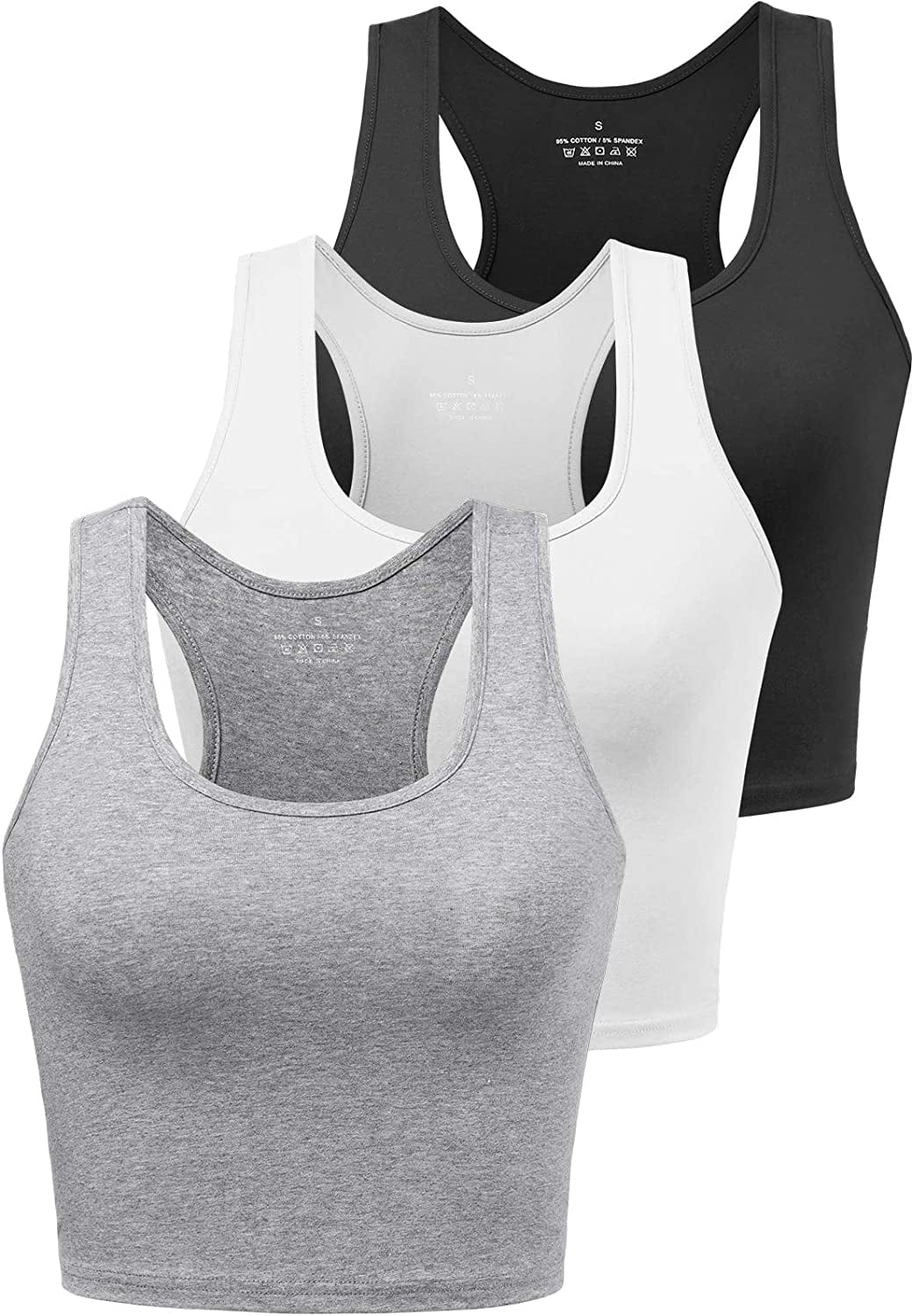 Sports Crop Tank Tops for Women Cropped Workout Tops Racerback Running Yoga Tanks Cotton Sleeveless Gym Shirts 3 Pack Black White Grey / Small