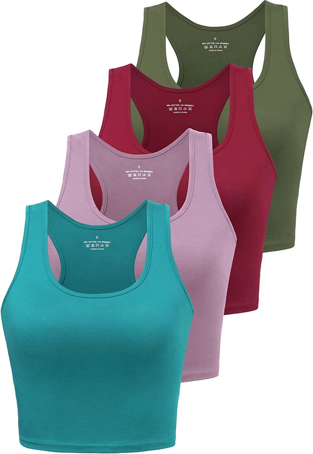 Sports Crop Tank Tops for Women Cropped Workout Tops Racerback Running Yoga Tanks Cotton Sleeveless Gym Shirts 3 Pack Burgundy/Olive/Lake Blue/Purple / Small