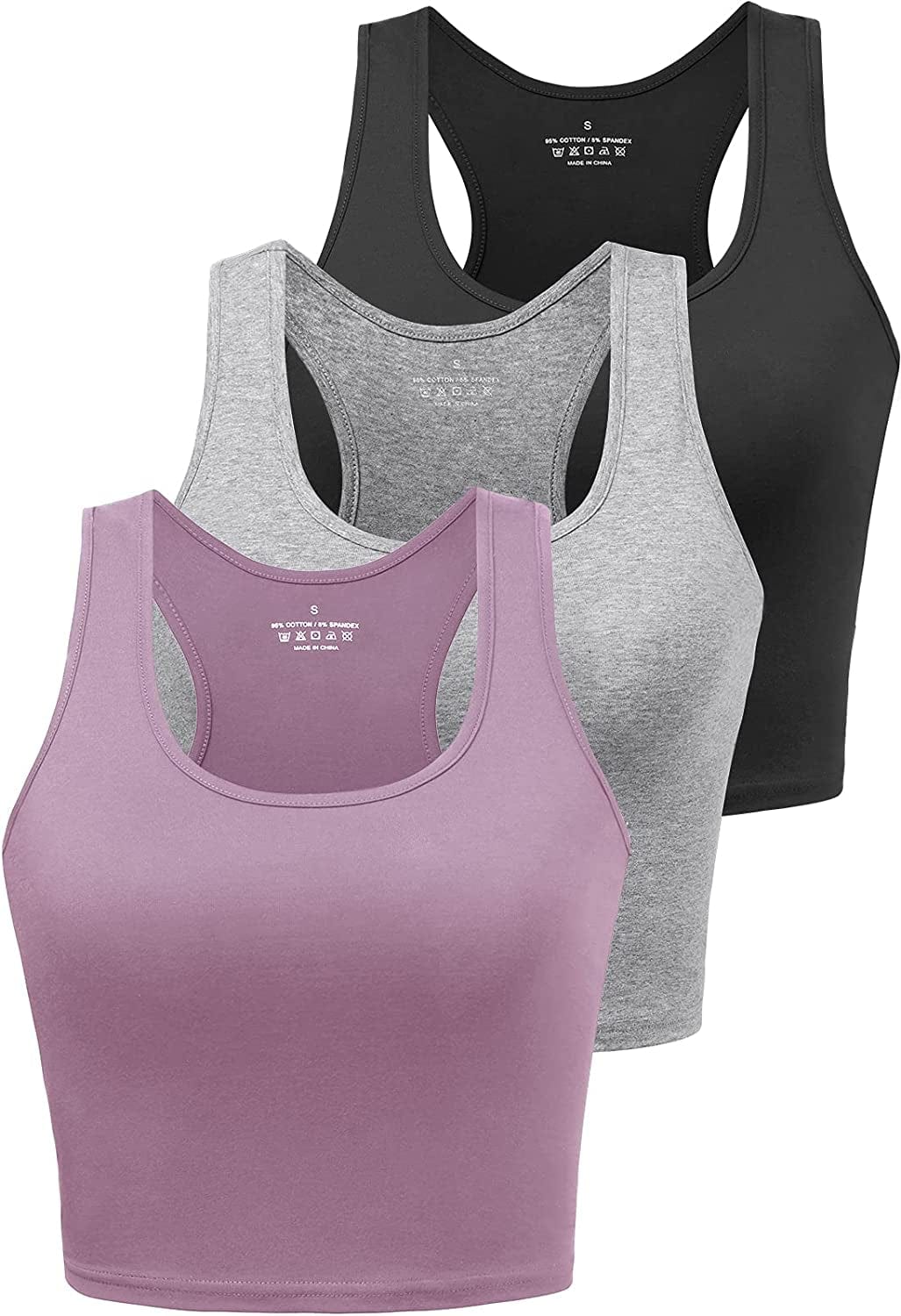 Sports Crop Tank Tops for Women Cropped Workout Tops Racerback Running Yoga Tanks Cotton Sleeveless Gym Shirts 3 Pack Black/Grey/Purple / Small