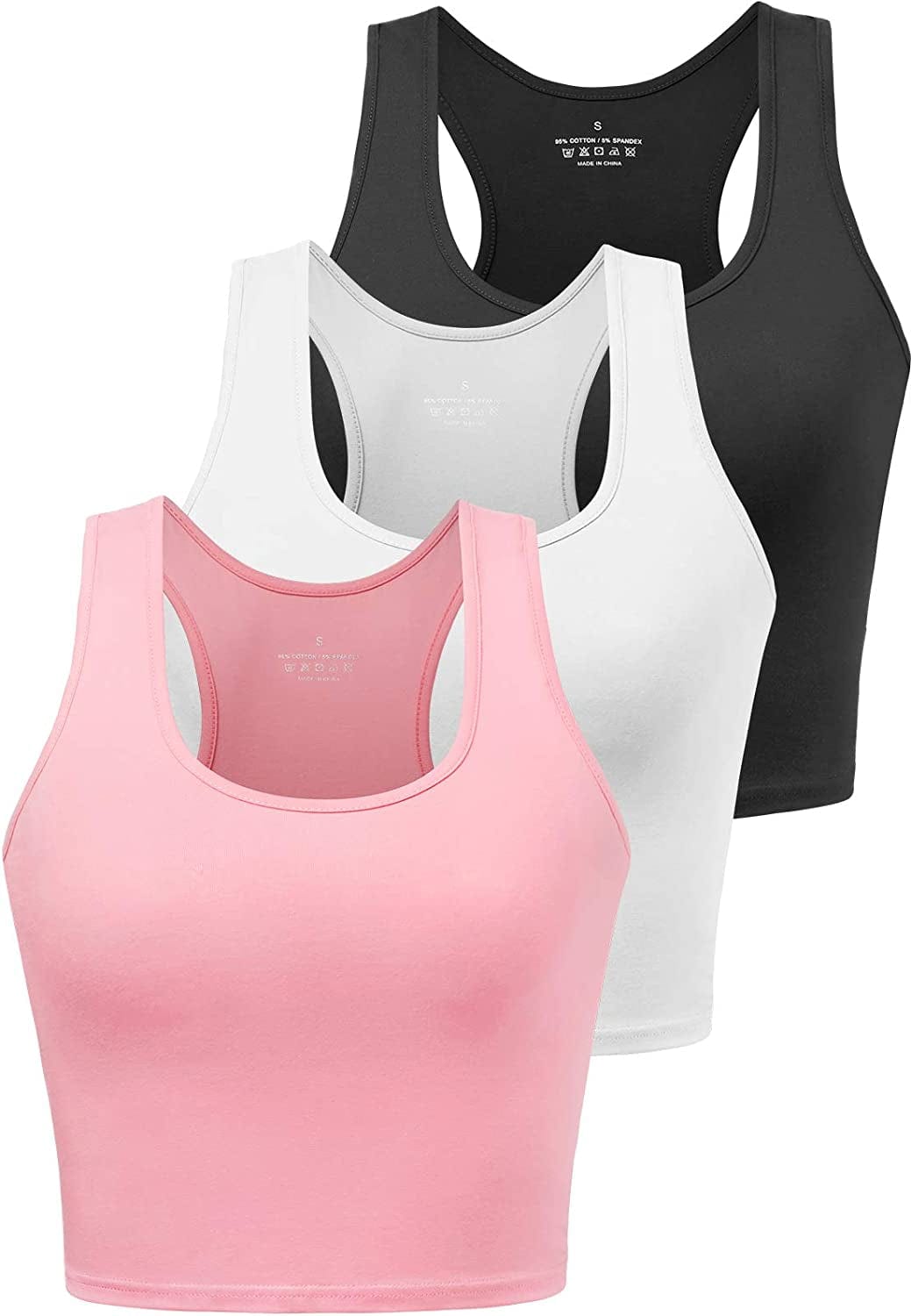 Sports Crop Tank Tops for Women Cropped Workout Tops Racerback Running Yoga Tanks Cotton Sleeveless Gym Shirts 3 Pack Black White Pink / Small