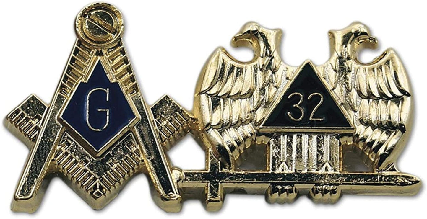 Square and Compass 32nd Degree Scottish Rite Masonic lapel pin in gold and blue