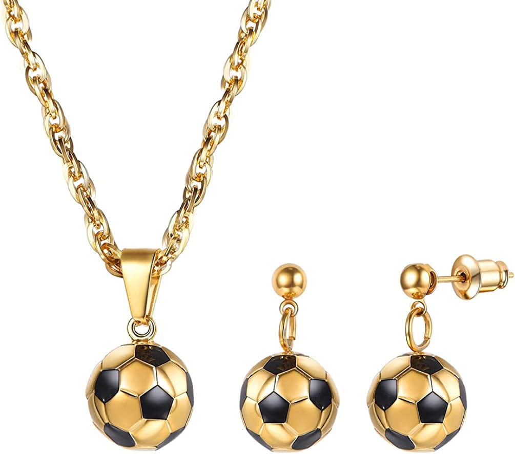 Stainless Steel 3D Soccer Football/Basketball Charm Necklace/Earrings Unisex Jewelry Boys Mens Girls Womens Fan Gift 03 Gold-Necklace and Earrings Set