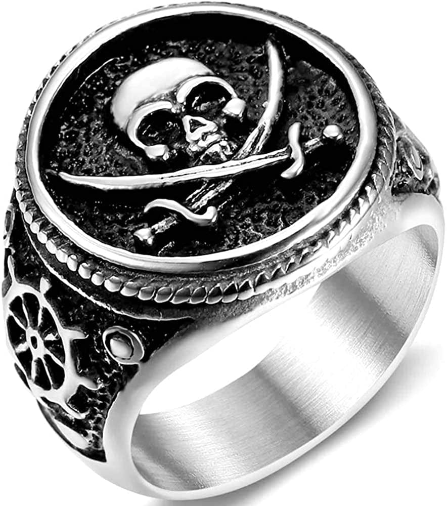 Stainless Steel Antique Vintage Skull Pirate Knife Death Halloween Cocktail Party Biker Ring Silver / 14.5