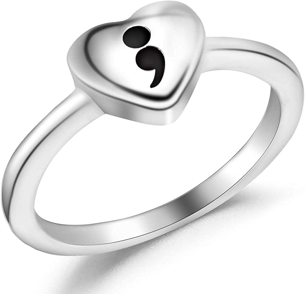 Stainless Steel Heart Shape Inspirational Mantra Smicolon Statement Cocktail Party Ring Silver / 9