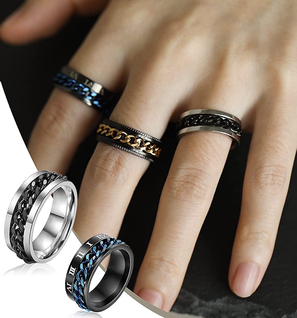 Stainless Steel Rings for Men, Fidget Rings for Anxiety for Women, Sliver Fidget Rings, Cool Male Spinner Ring Set, Black Mens Band Ring Pack
