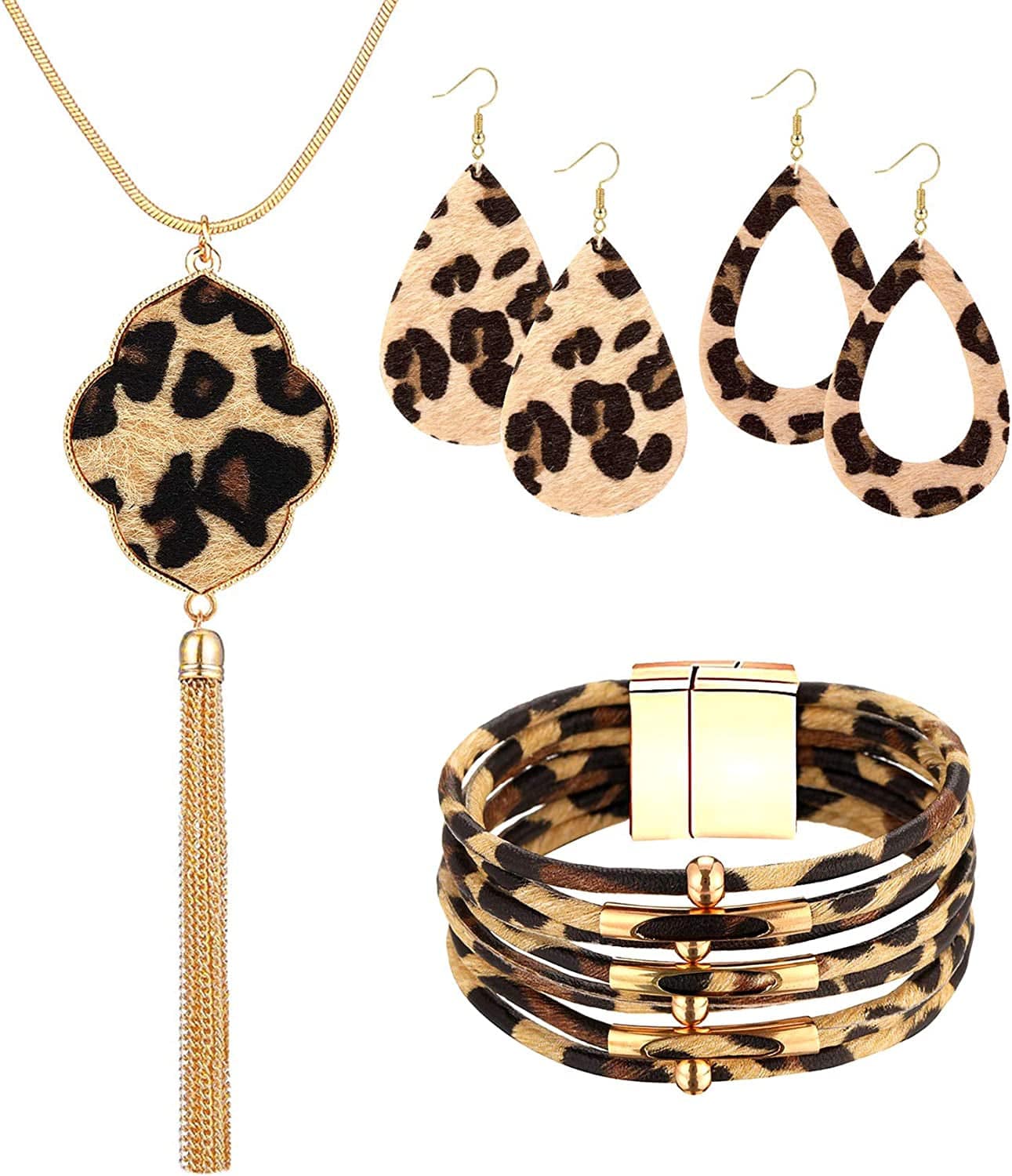 Statement Leopard Jewelry Set for Women Leopard Leather Bracelet Teardrop Drop Dangle Earrings Long Tassel Pendant Necklace Mother'S Day Necklace Earrings Gift 1-Leopard series jewelry set