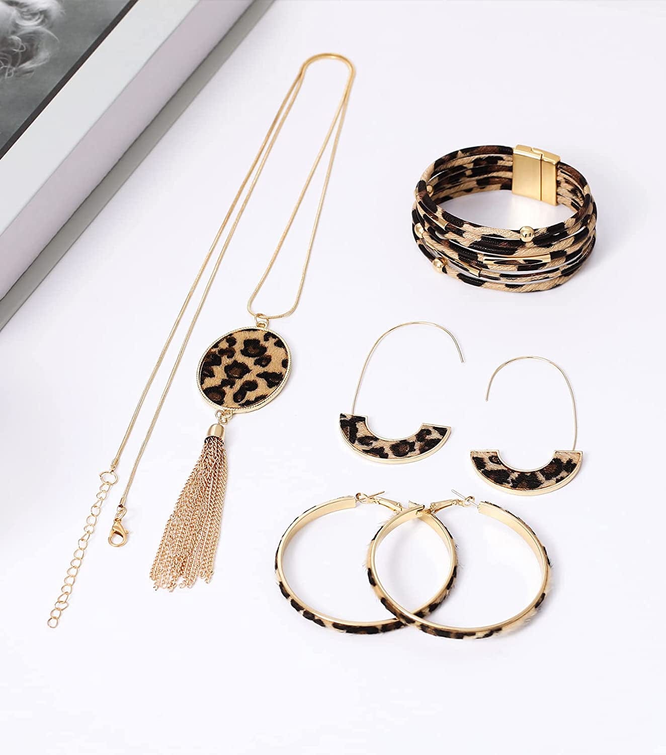 Statement Leopard Jewelry Set for Women Leopard Leather Bracelet Teardrop Drop Dangle Earrings Long Tassel Pendant Necklace Mother'S Day Necklace Earrings Gift