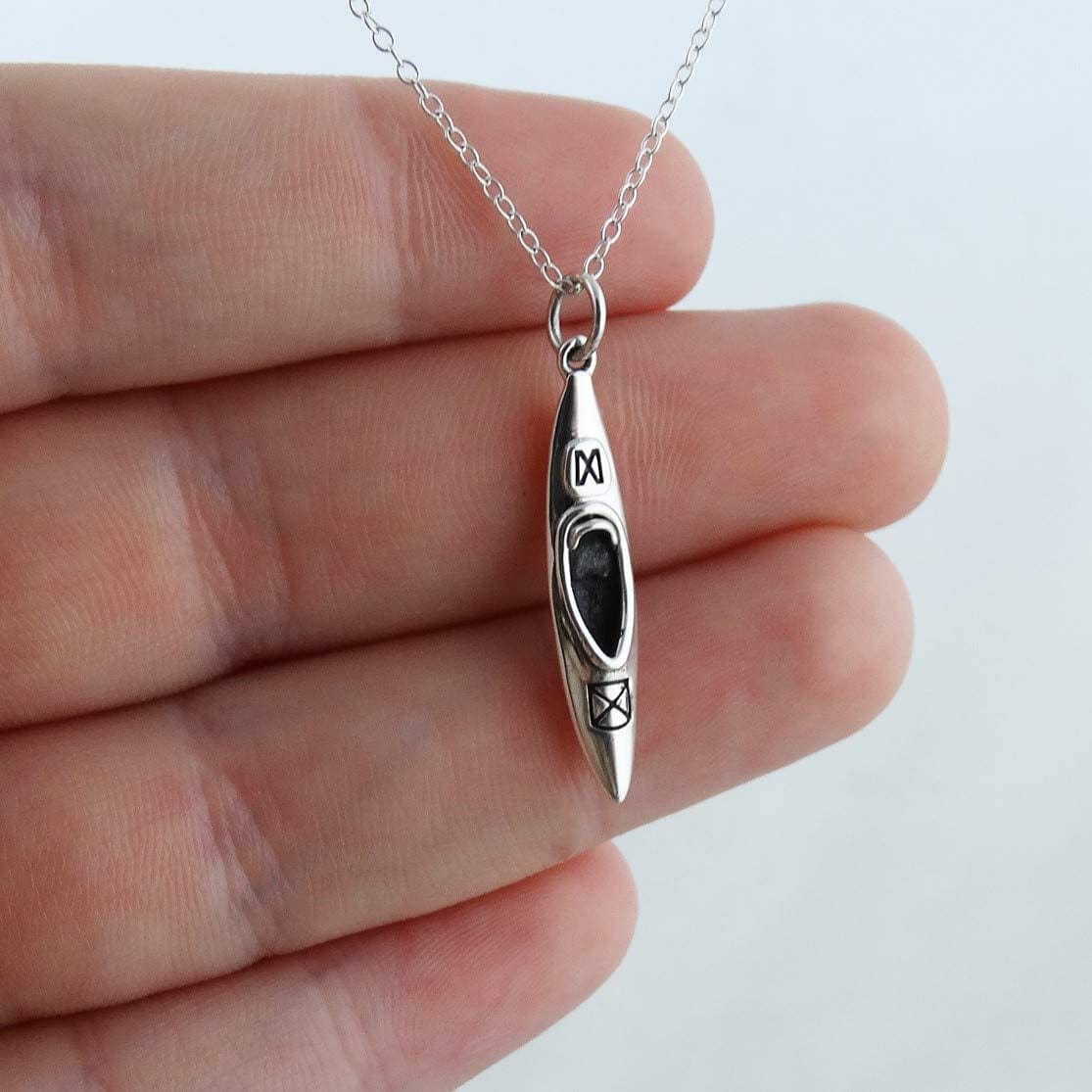 Sterling Silver 3D Kayak Charm Necklace, 18" Chain Kayaking Kayaker Canoe