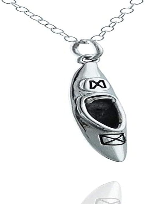 Sterling Silver 3D Kayak Charm Necklace, 18" Chain Kayaking Kayaker Canoe