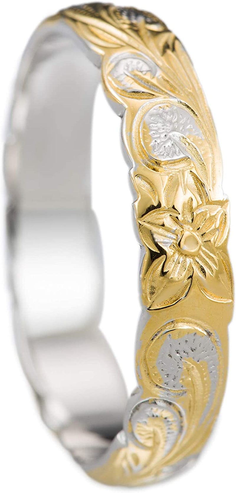 Sterling Silver 4Mm Hawaiian Princess Plumeria Flower Scroll Ring Stackable Wedding Band Yellow-Gold / 5.5
