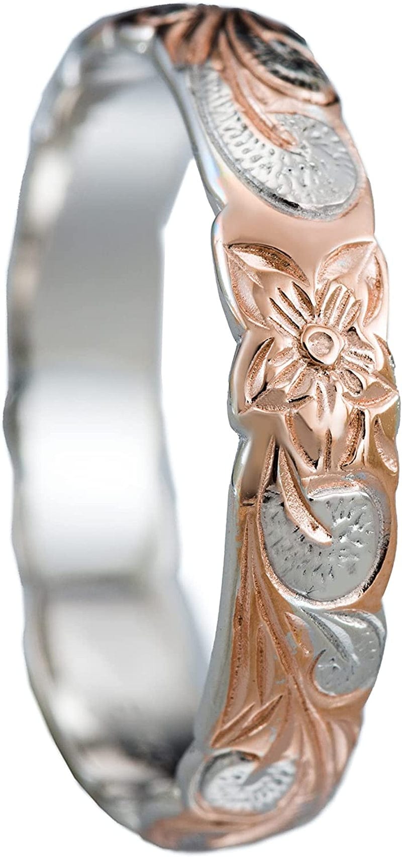 Sterling Silver 4Mm Hawaiian Princess Plumeria Flower Scroll Ring Stackable Wedding Band Rose-Gold / 5