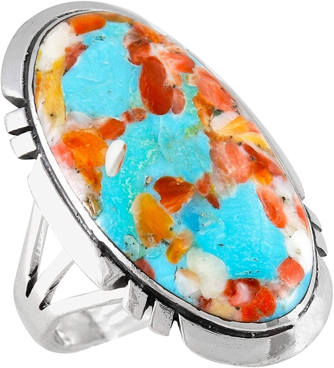 Sterling Silver 925 Ring with Genuine Turquoise (SELECT Color) Spiny Turquoise Sprinkles / 8