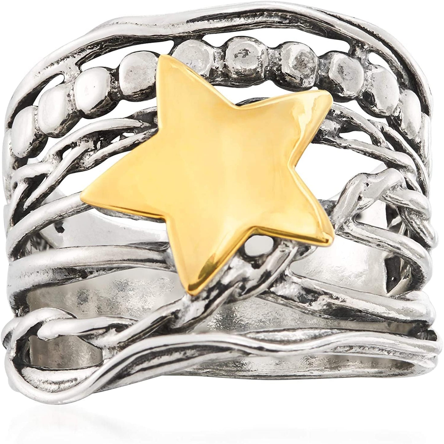 Sterling Silver and 14Kt Yellow Gold Multi-Row Ring Star Ring / 9