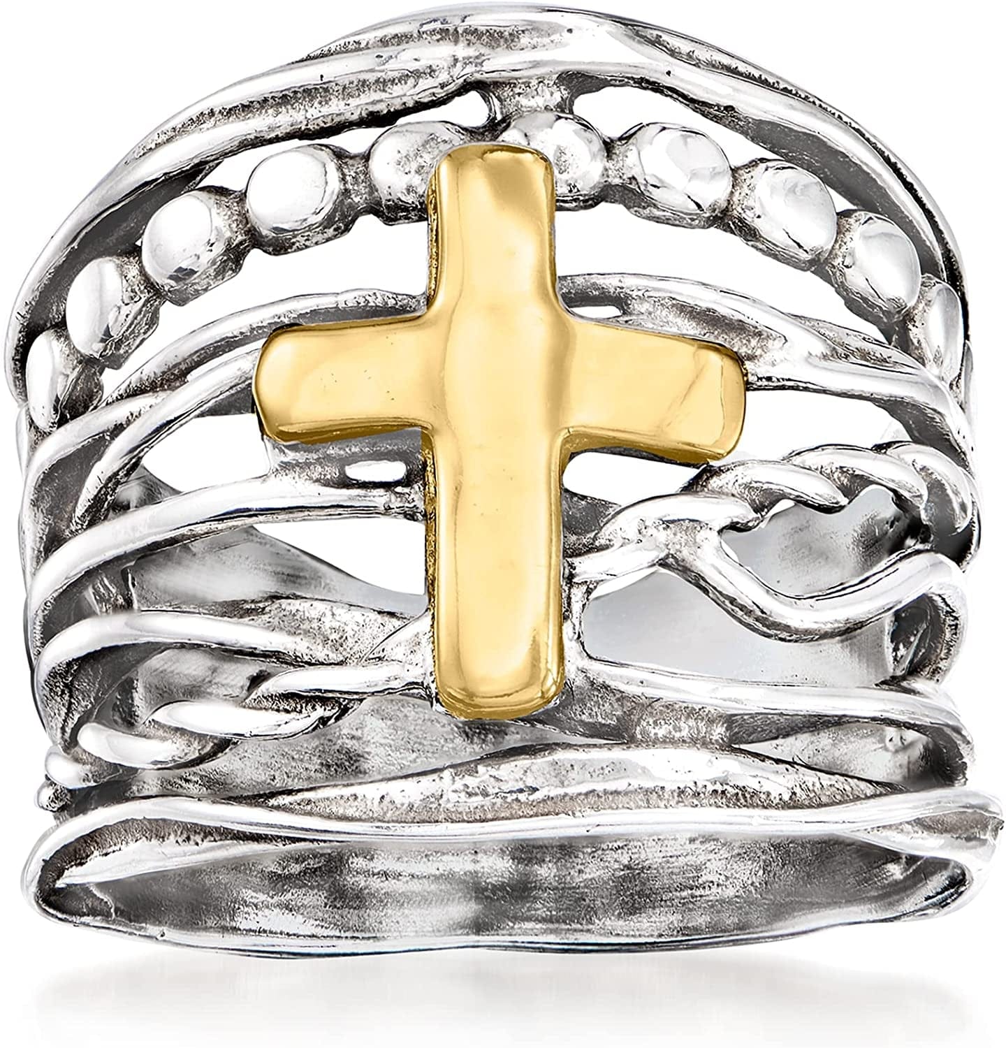 Sterling Silver and 14Kt Yellow Gold Multi-Row Ring Cross Ring / 6