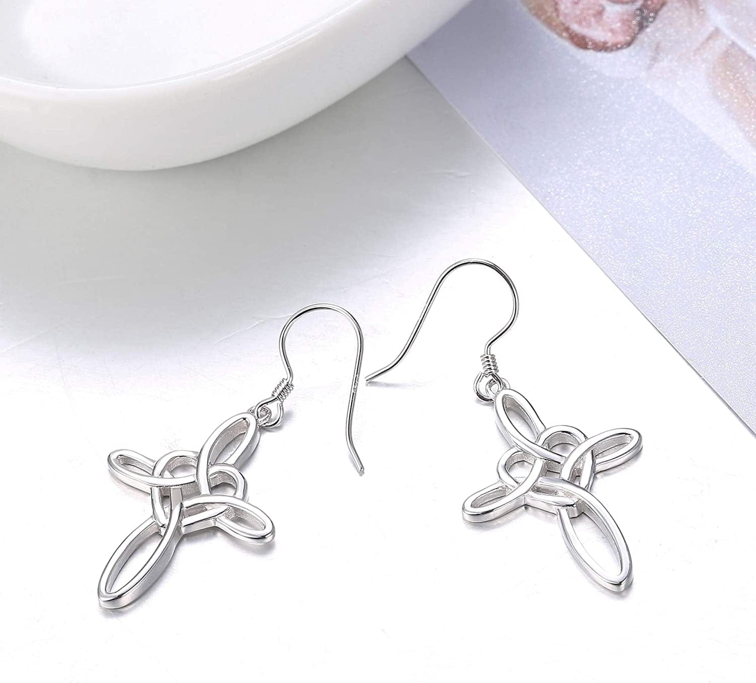 Sterling Silver Celtic Knot Cross Dangle Earrings White Gold Plated Good Luck Vintage Cross Drop Earrings Irish Jewelry Silver