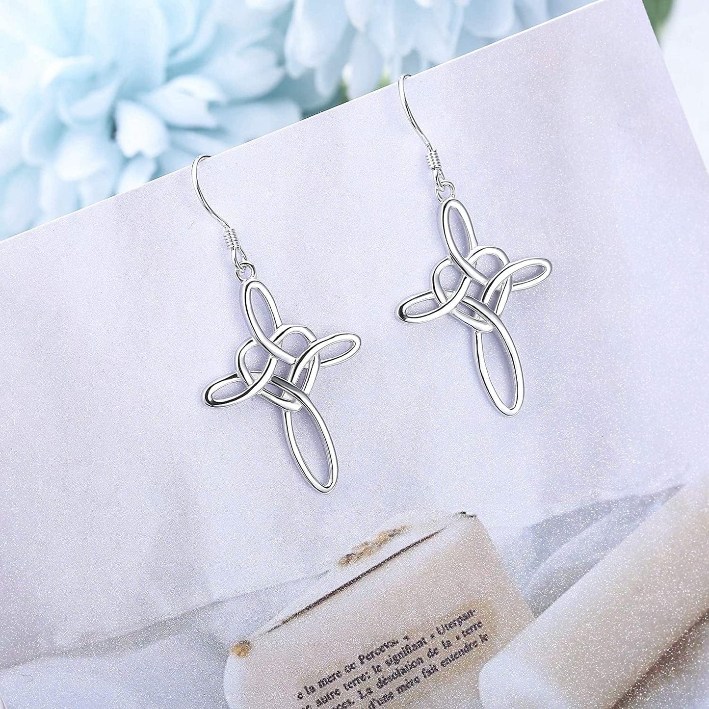 Sterling Silver Celtic Knot Cross Dangle Earrings White Gold Plated Good Luck Vintage Cross Drop Earrings Irish Jewelry Silver